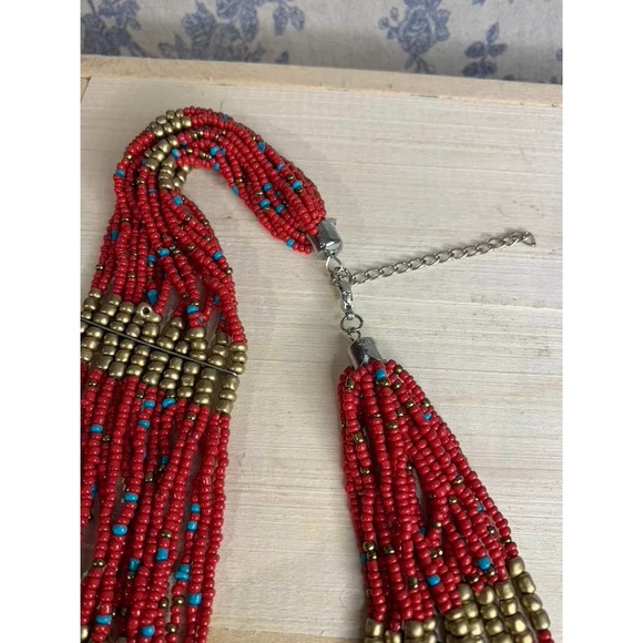 Vintage Red Beaded Necklace with Turquoise and Bronze beads - Picture 2 of 5